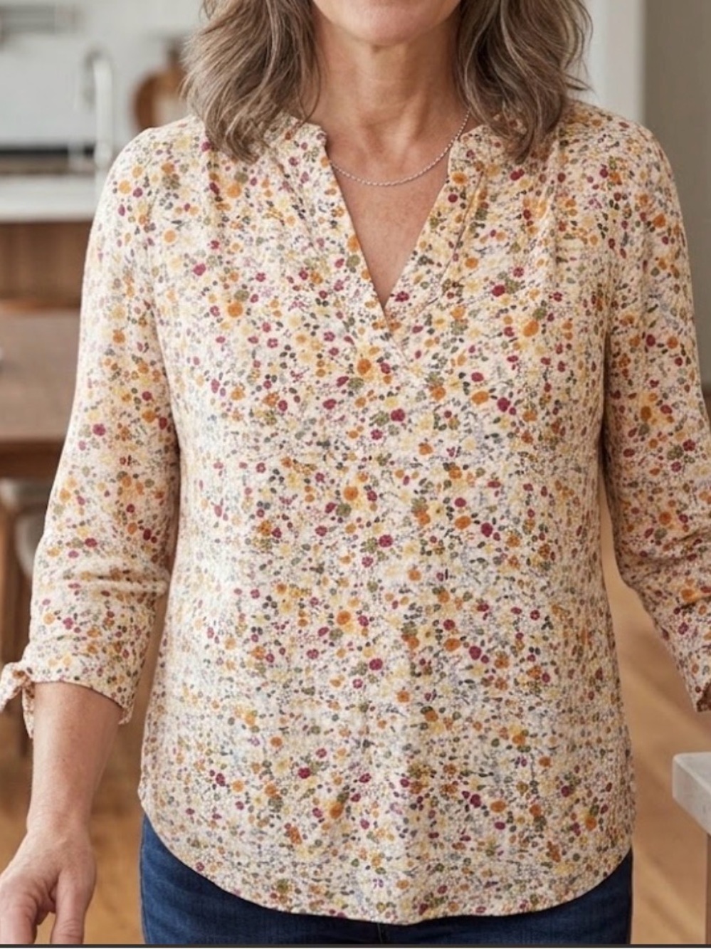 Cynthia Rowley Cream Floral V-Neck Tie-Sleeve Blouse